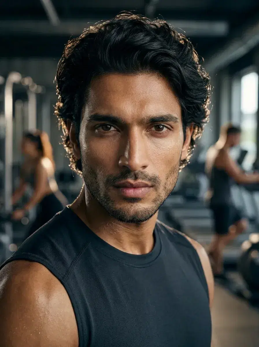 AI AI Fitness Model Photos — Look Iconic — AI fitness model close-up portrait with cinematic rim lighting in a gym