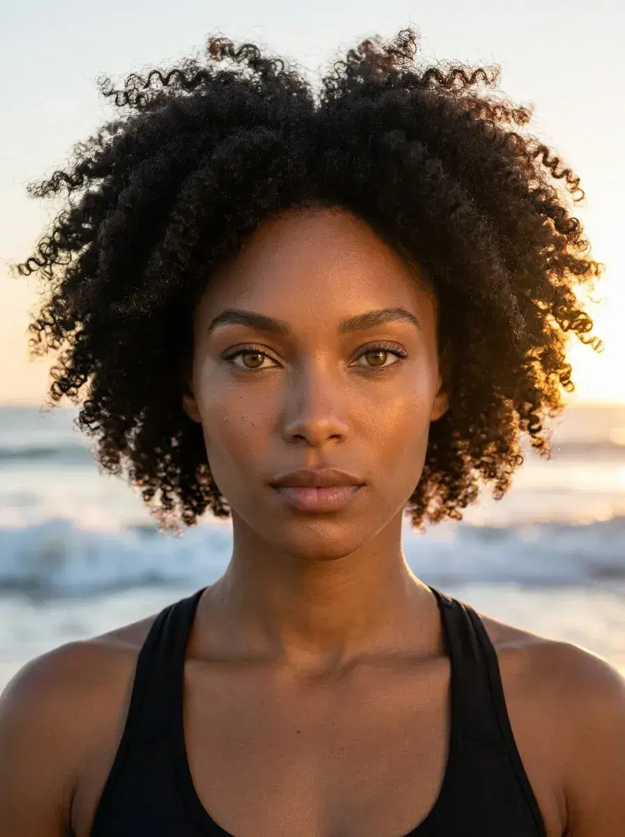 AI AI Fitness Model Photos — Look Iconic — AI fitness model beach sunrise photo with warm golden light