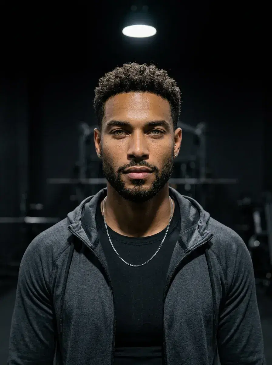 AI AI Fitness Model Photos — Look Iconic — Dark moody AI fitness model photo in a minimalist black gym