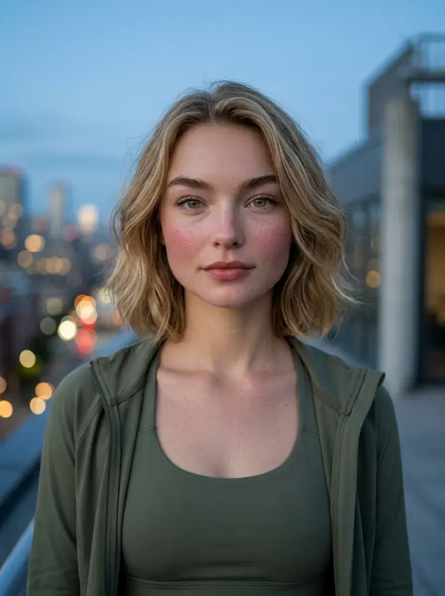 AI AI Fitness Model Photos — Look Iconic — AI fitness model rooftop dusk photo with city bokeh lights