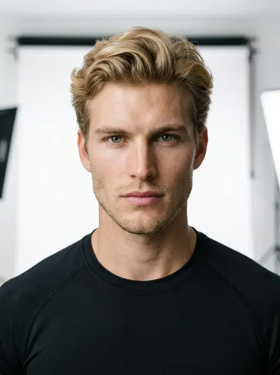 AI AI Fitness Model Photos — Look Iconic — AI fitness model clean white studio portrait with professional lighting