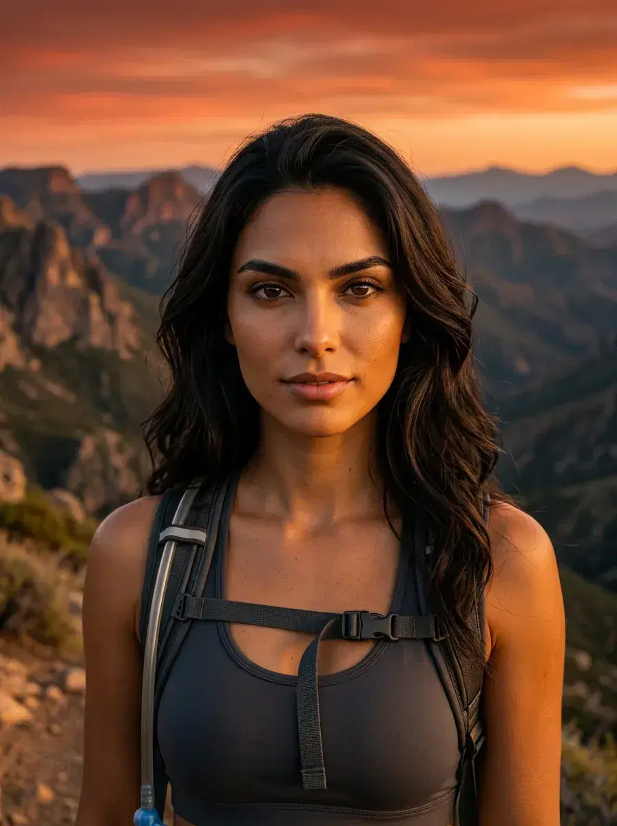 AI AI Fitness Model Photos — Look Iconic — AI fitness model outdoor mountain trail photo at golden hour