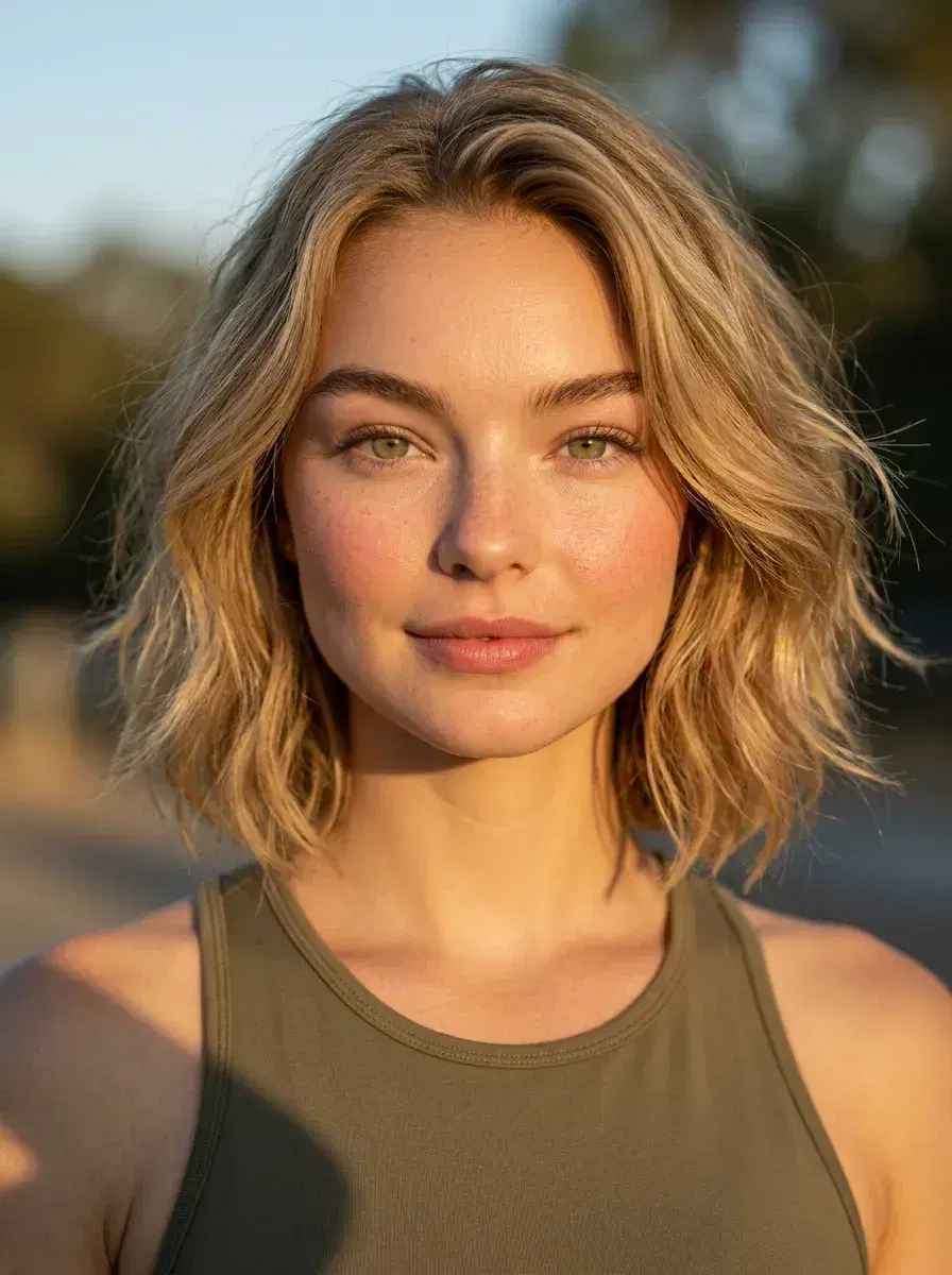 AI AI Fitness Model Photos — Look Iconic — AI fitness model outdoor golden hour photo with warm cinematic lighting