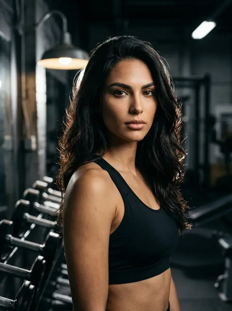 AI AI Fitness Model Photos — Look Iconic — Moody AI fitness model photo near weight racks with industrial lighting