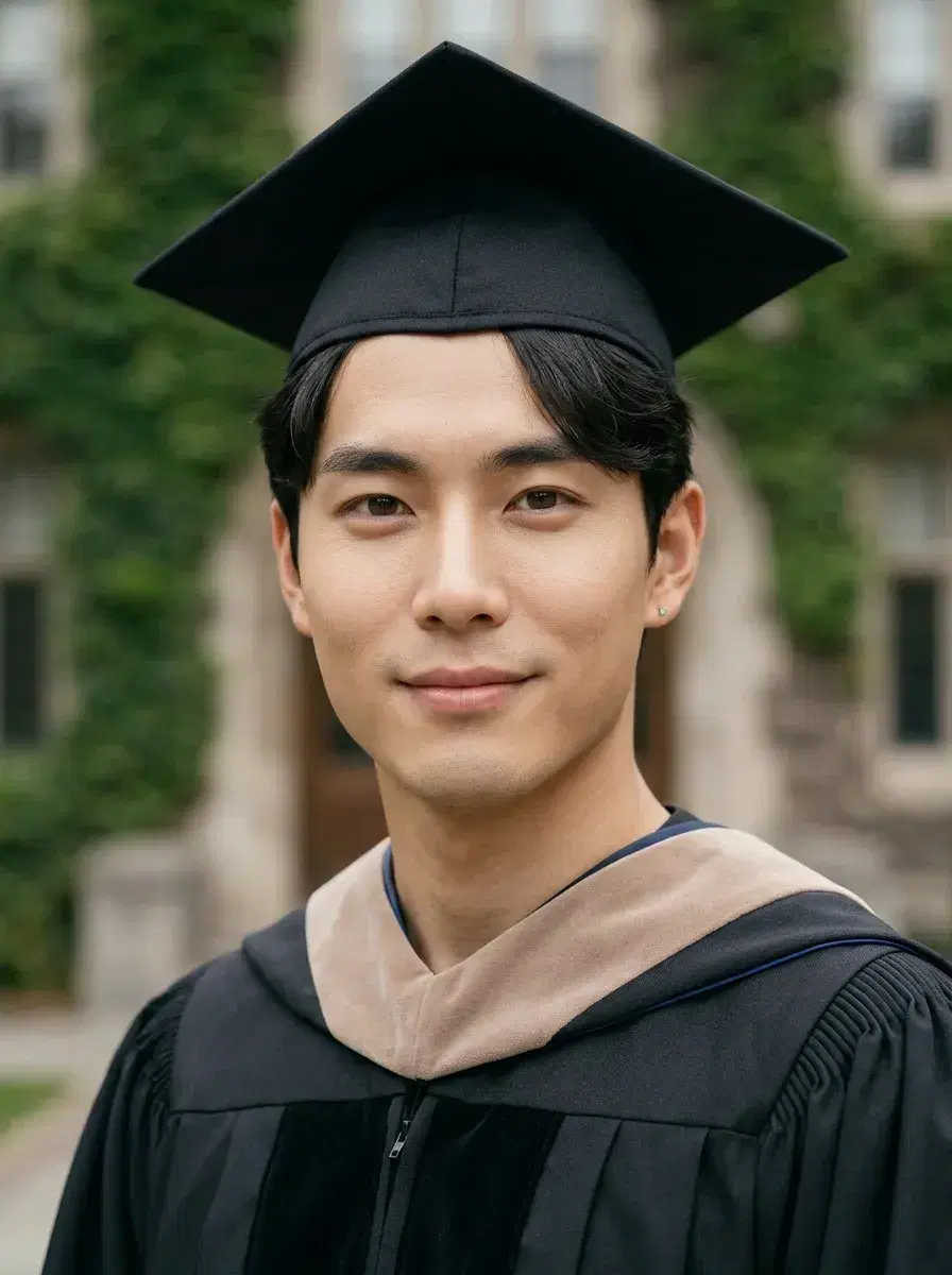 AI AI Graduation Photos — Stunning Portraits — Graduate in cap and gown at the base of an ivy-covered university building