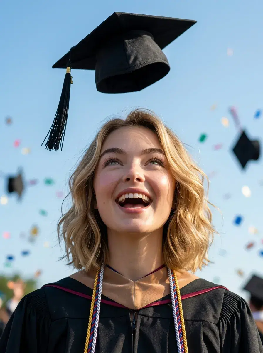 AI AI Graduation Photos — Stunning Portraits — Graduate tossing mortarboard cap against a clear blue sky in celebration