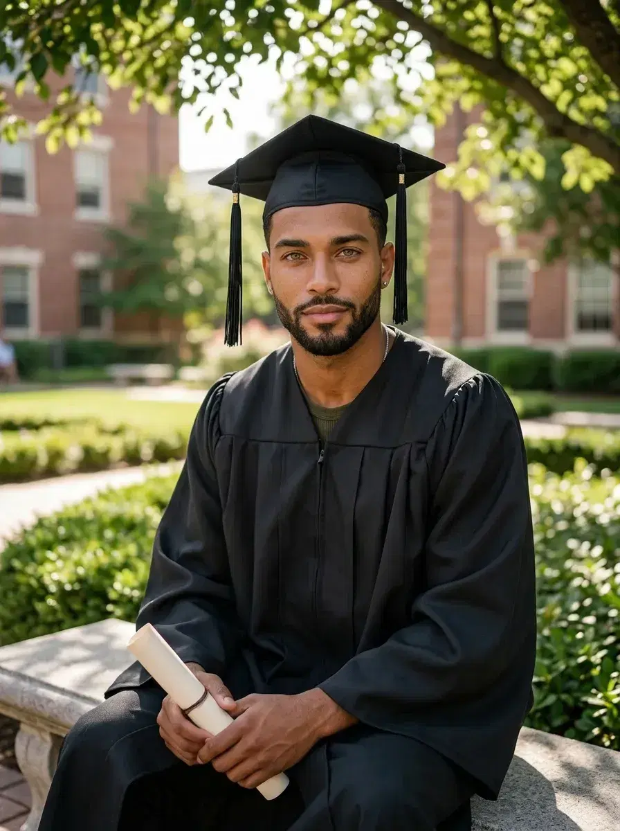 AI AI Graduation Photos — Stunning Portraits — Graduate seated on a stone bench in a campus garden holding a diploma