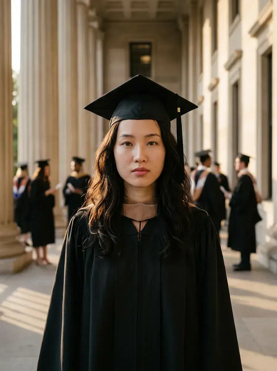 AI AI Graduation Photos — Stunning Portraits — Graduate framed by classical columns on a university portico in golden afternoon light
