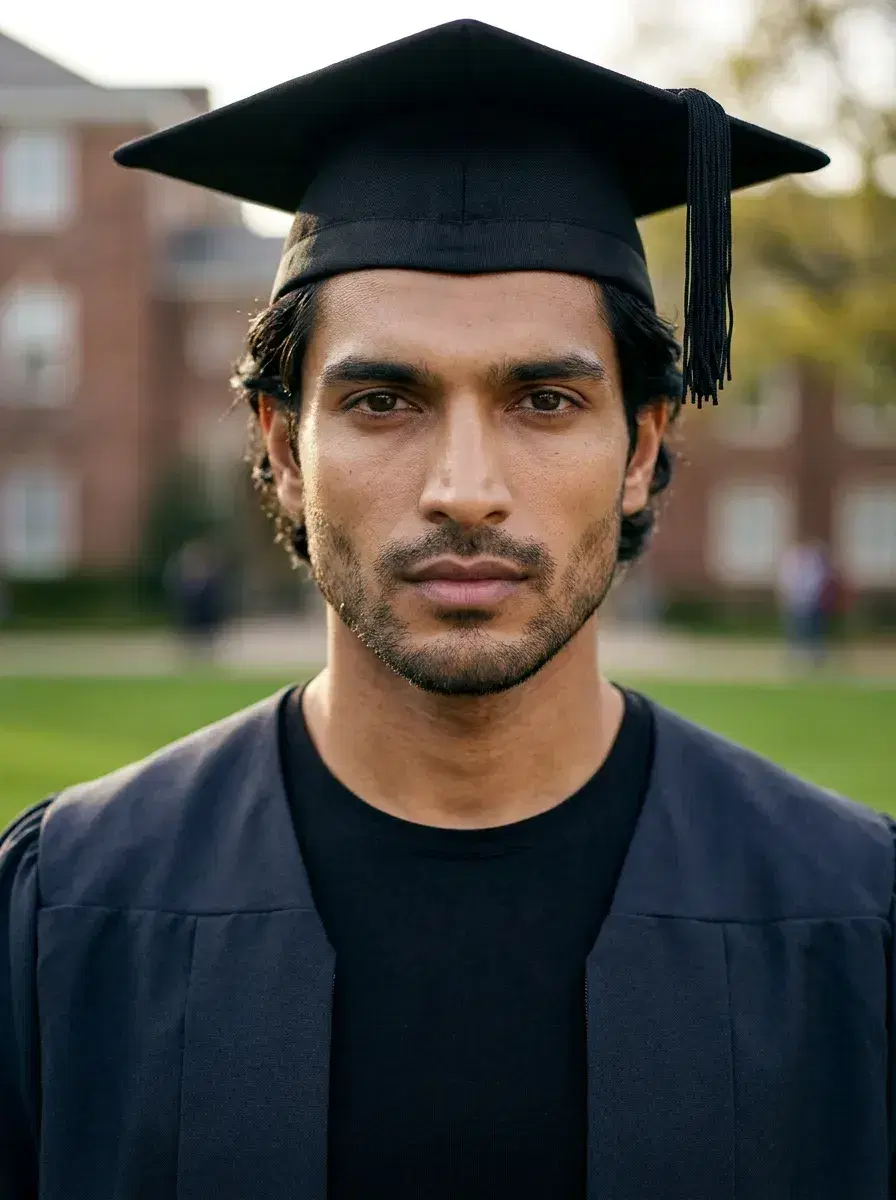 AI AI Graduation Photos — Stunning Portraits — Close-up graduation portrait with rim lighting and blurred campus background