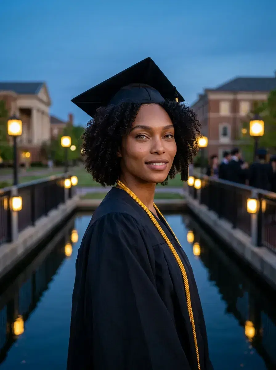AI AI Graduation Photos — Stunning Portraits — Graduate on a university bridge over a reflecting pond at dusk with warm lantern light