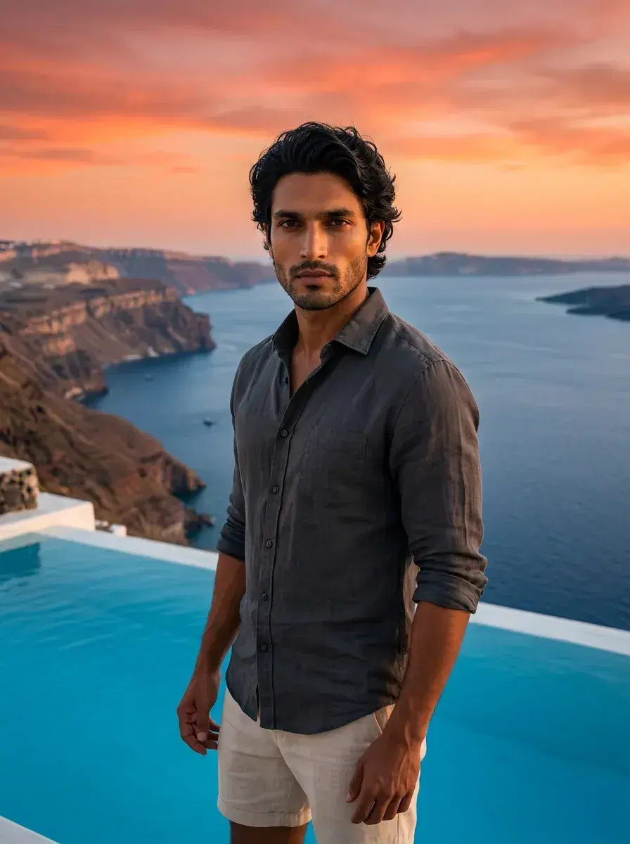 AI AI Greece Vacation Photos — Instant Wanderlust — Person at a Santorini infinity pool overlooking the Caldera at sunset