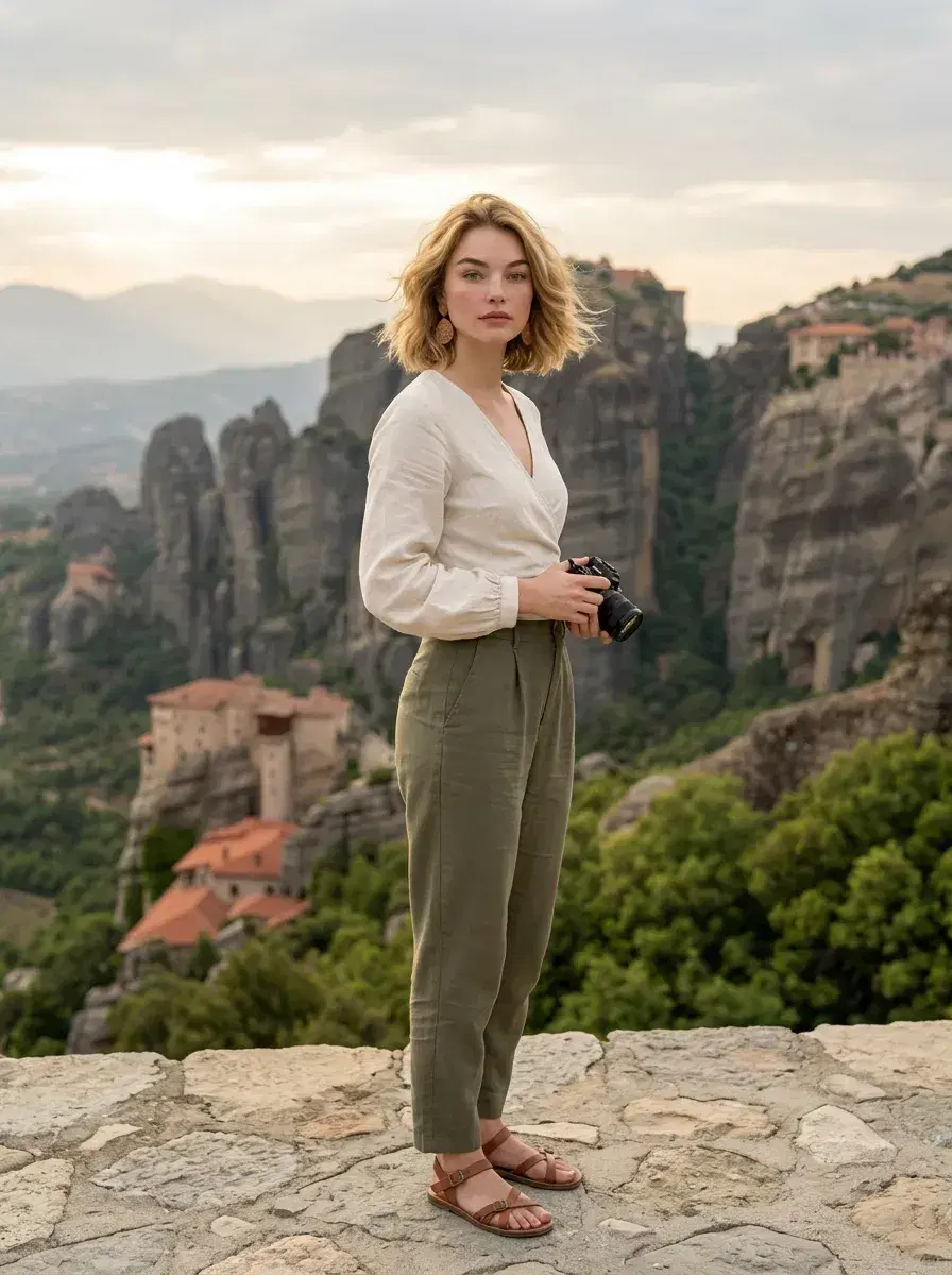 AI AI Greece Vacation Photos — Instant Wanderlust — Person on a terrace in Meteora with dramatic monastery-topped rock pinnacles behind