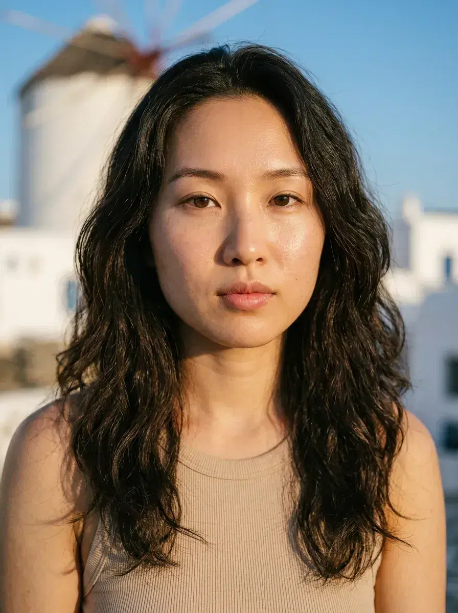 AI AI Greece Vacation Photos — Instant Wanderlust — Close-up portrait with Mykonos windmill and whitewashed buildings glowing at golden hour