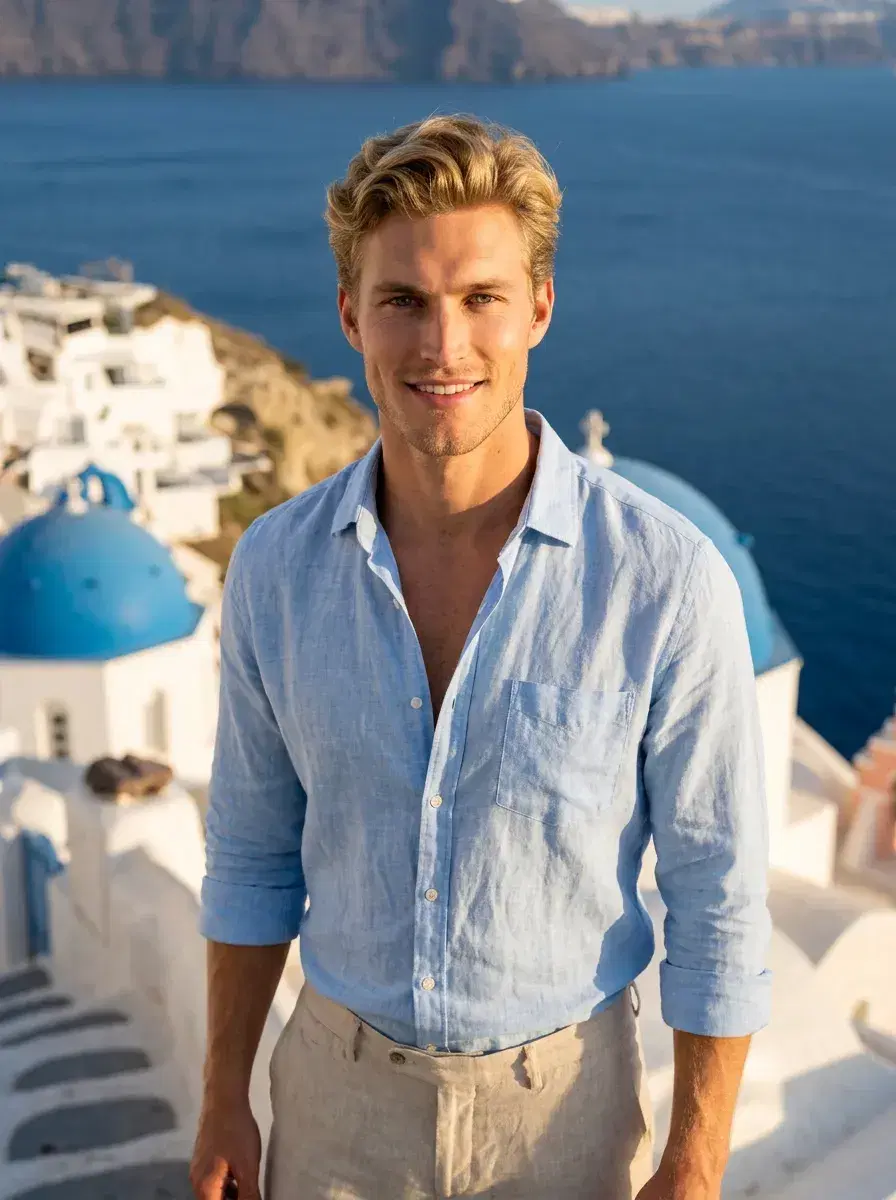 AI AI Greece Vacation Photos — Instant Wanderlust — Person posing on the Santorini cliffside with blue domes and the Aegean Sea at golden hour