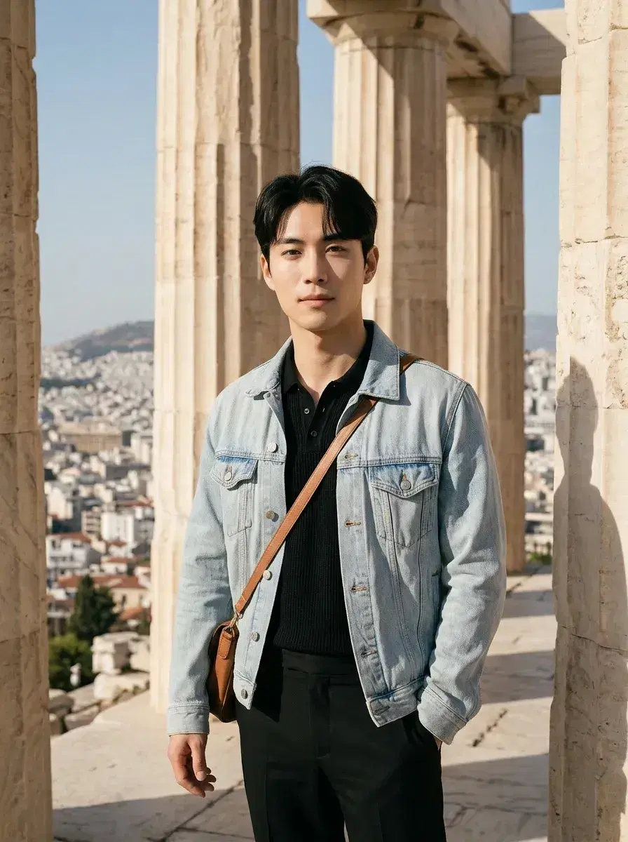 AI AI Greece Vacation Photos — Instant Wanderlust — Person posing at the Acropolis in Athens with marble columns and the city below