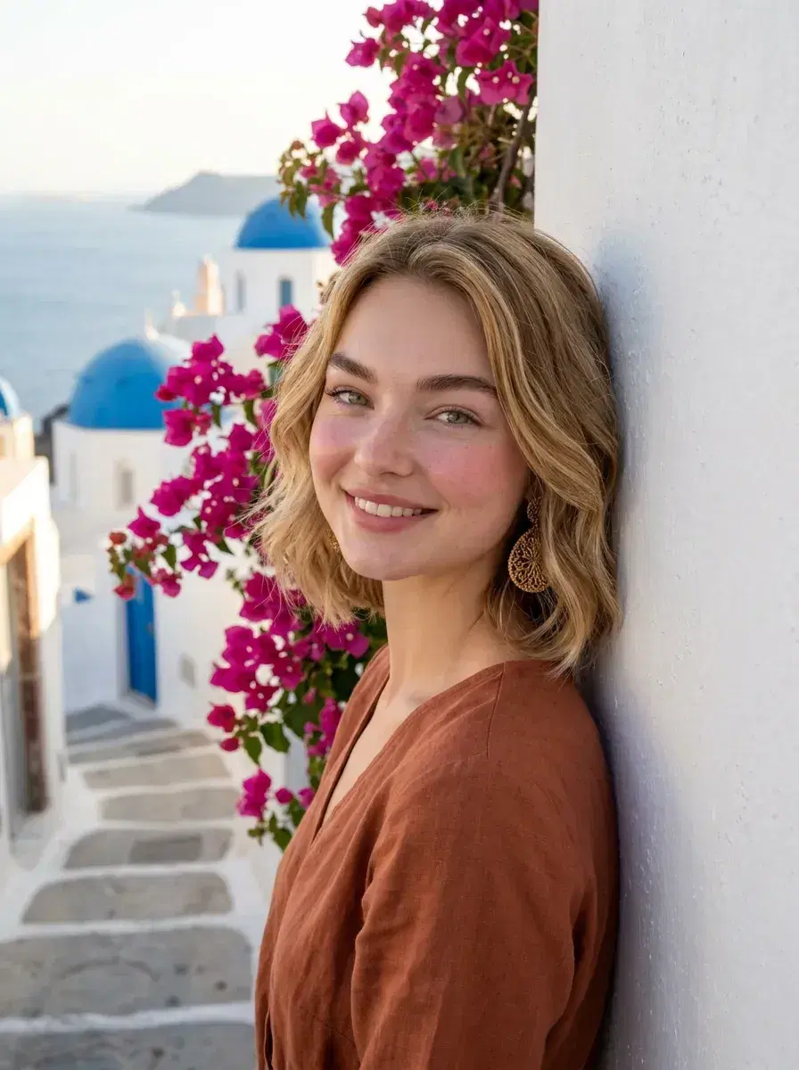 AI AI Greece Vacation Photos — Instant Wanderlust — Person posed against a whitewashed wall with pink bougainvillea in a Santorini alley