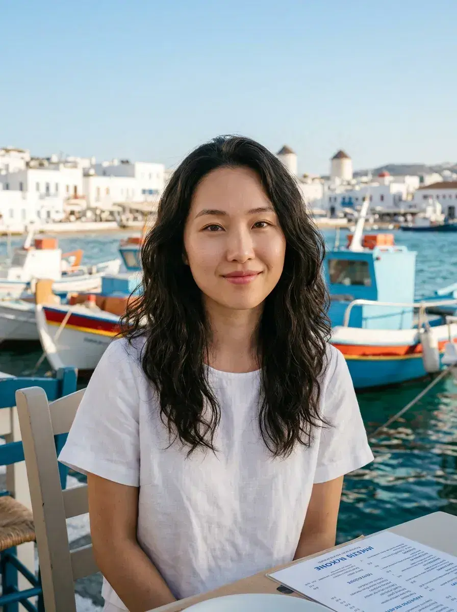AI AI Greece Vacation Photos — Instant Wanderlust — Person at a Mykonos harbour café with colourful boats and turquoise water in the background