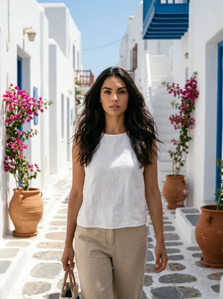 AI AI Greece Vacation Photos — Instant Wanderlust — Person walking through cobblestone alleys in Mykonos Town with white architecture