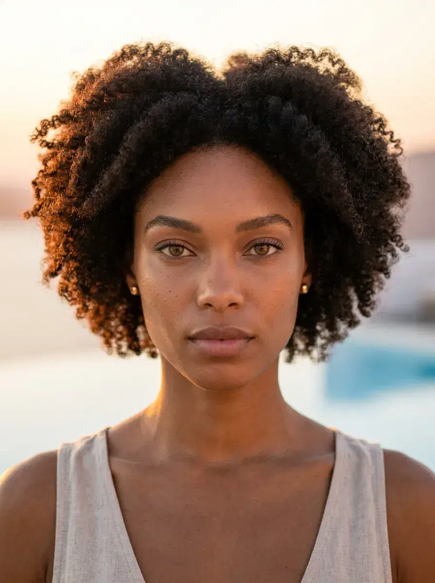 AI AI Greece Vacation Photos — Instant Wanderlust — Close-up portrait with a stunning Greek Caldera sunset and infinity pool bokeh behind