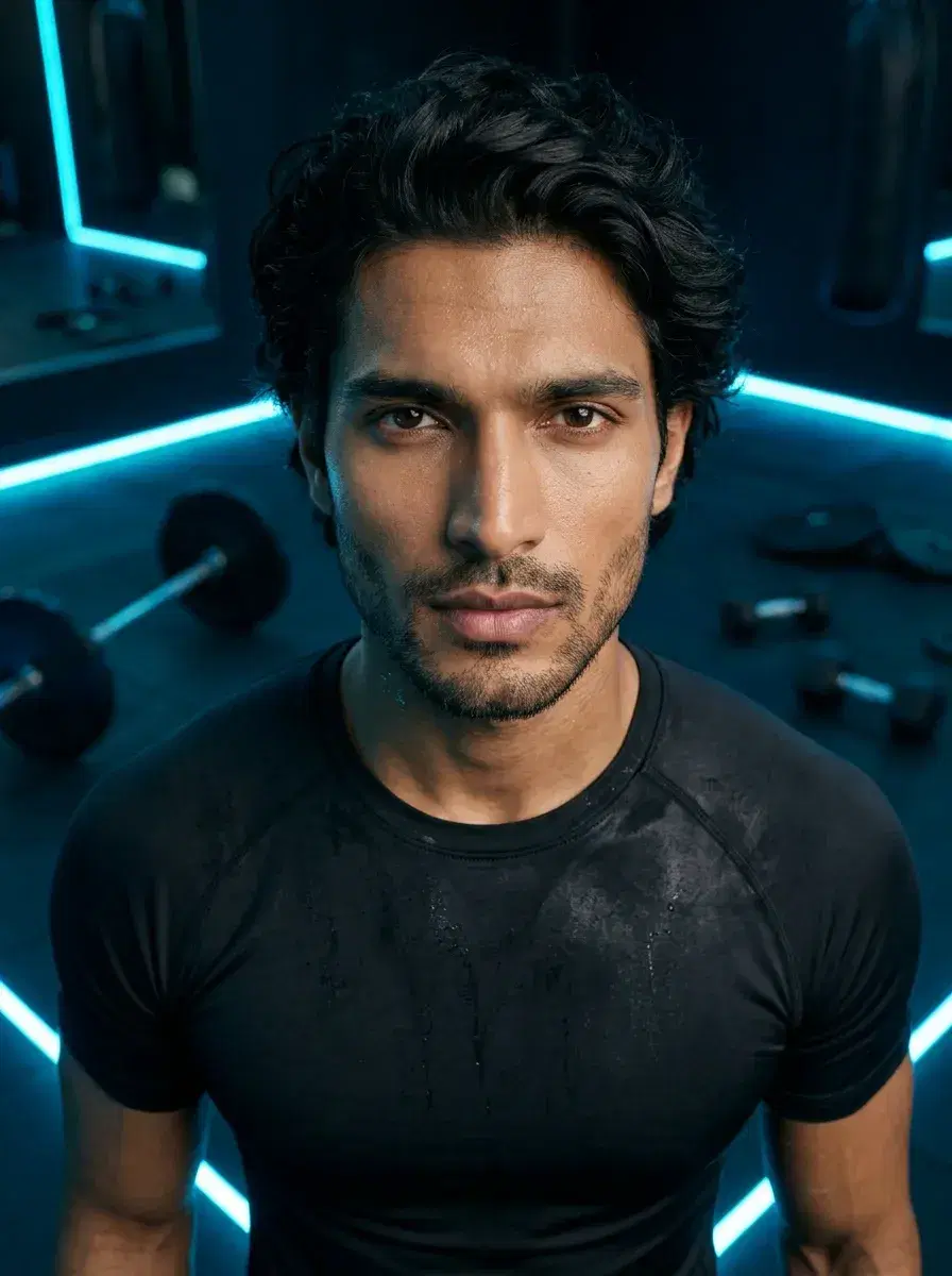 AI AI Gym Selfie Photos — Sweat Less, Look More — AI gym selfie in a dark performance gym with neon blue accent lighting and barbell plates