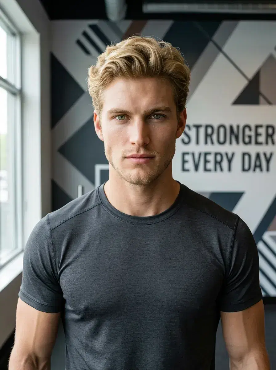 AI AI Gym Selfie Photos — Sweat Less, Look More — AI gym selfie in front of a motivational mural in a bright modern boutique gym