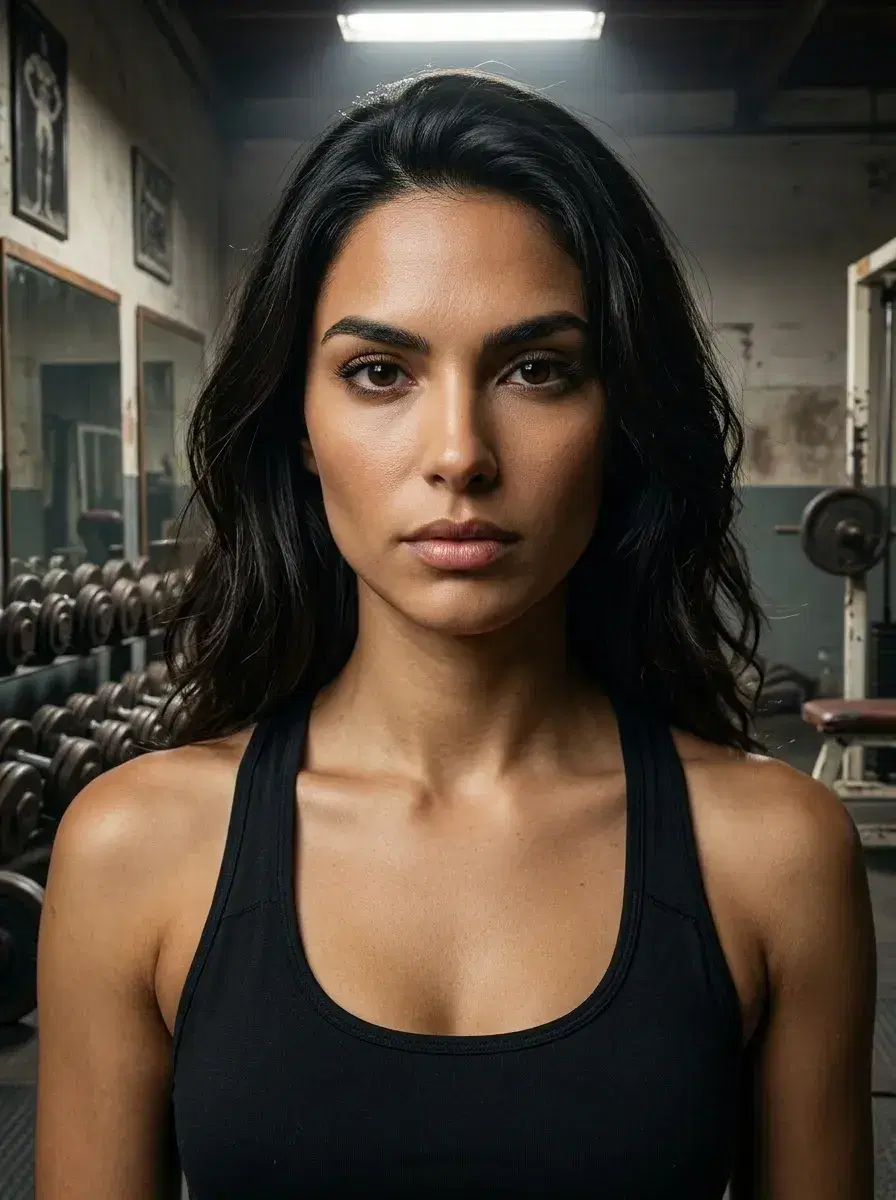 AI AI Gym Selfie Photos — Sweat Less, Look More — Close-up AI gym selfie portrait in a classic bodybuilding gym with posing mirrors and dramatic spotlight