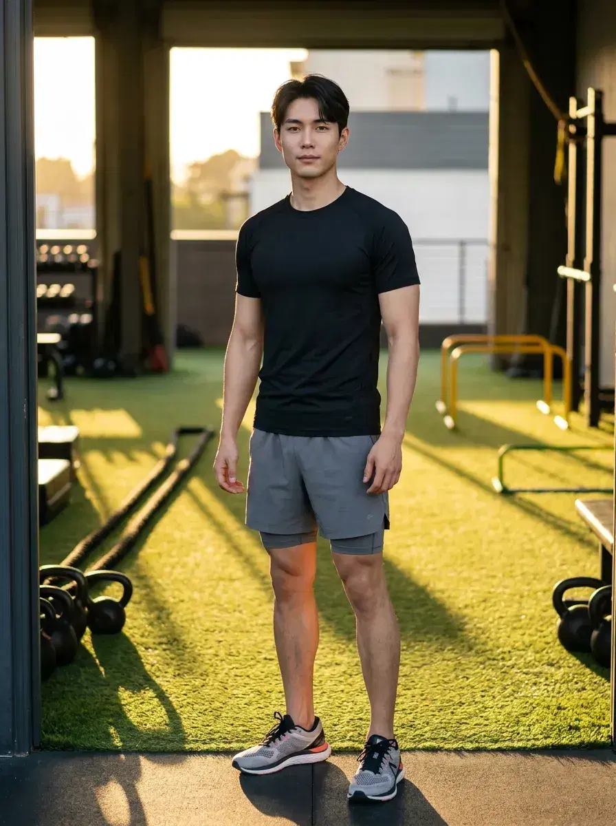 AI AI Gym Selfie Photos — Sweat Less, Look More — AI gym selfie at an outdoor turf training area during golden hour with warm long shadows