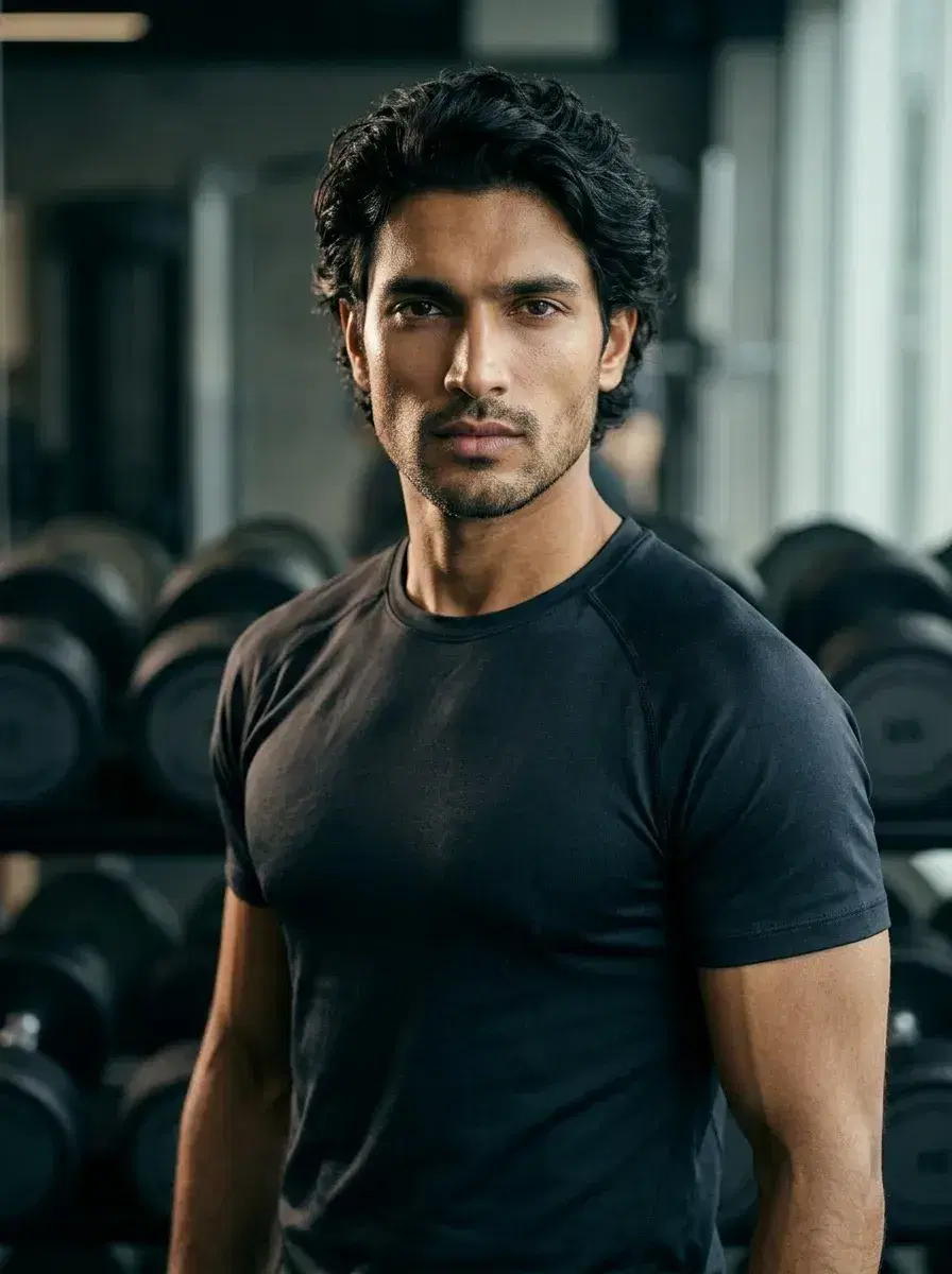 AI AI Gym Selfie Photos — Sweat Less, Look More — AI gym selfie photo of a person in athletic wear posing confidently in front of a dumbbell rack