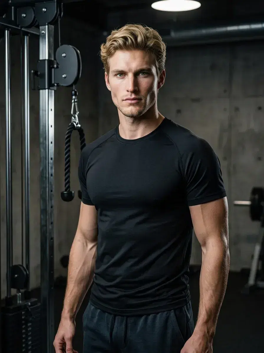 AI AI Gym Selfie Photos — Sweat Less, Look More — AI gym selfie showing a person in a dark industrial gym beside a cable machine with moody lighting