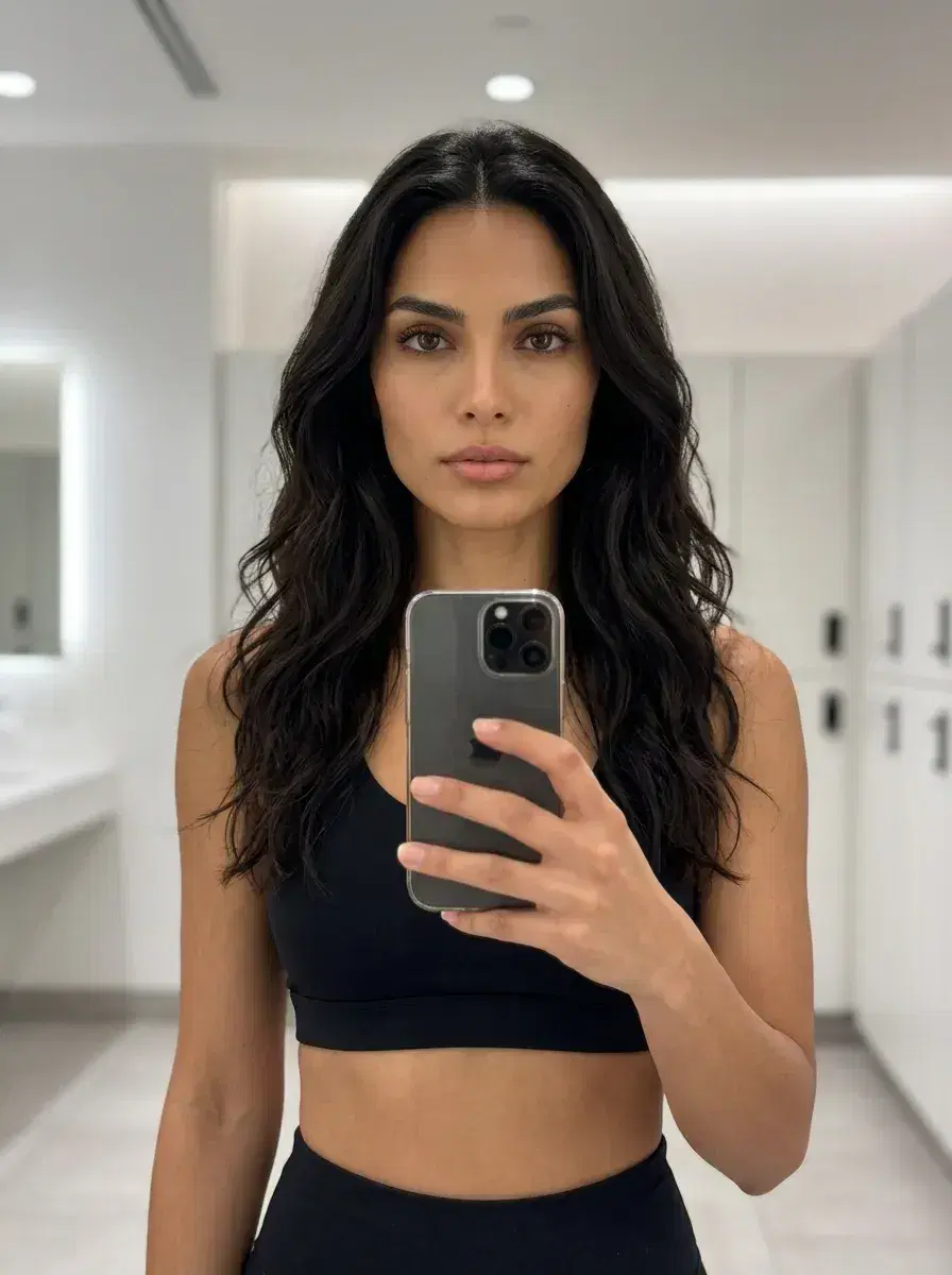 AI AI Gym Selfie Photos — Sweat Less, Look More — AI gym selfie of a person in a luxury gym locker room with clean soft lighting