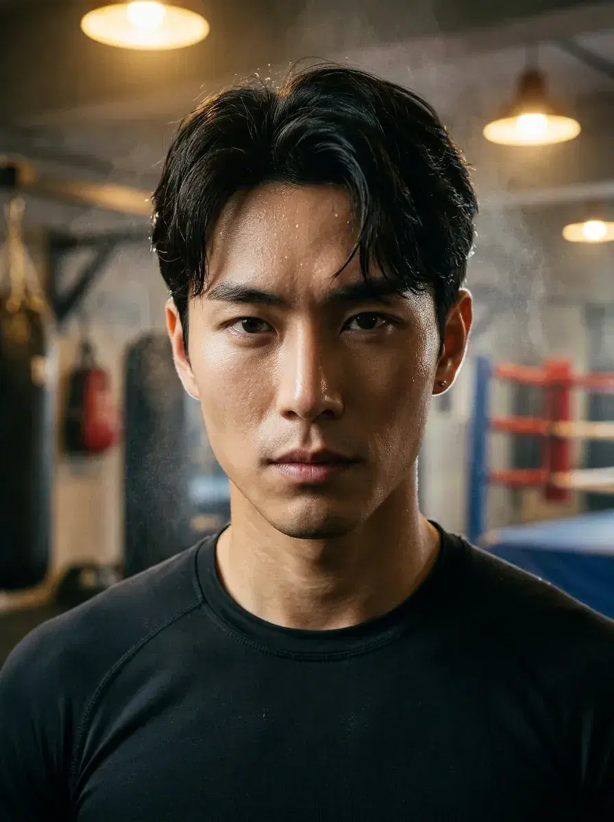 AI AI Gym Selfie Photos — Sweat Less, Look More — Close-up AI gym selfie portrait of a person in a boxing gym with dramatic overhead lighting