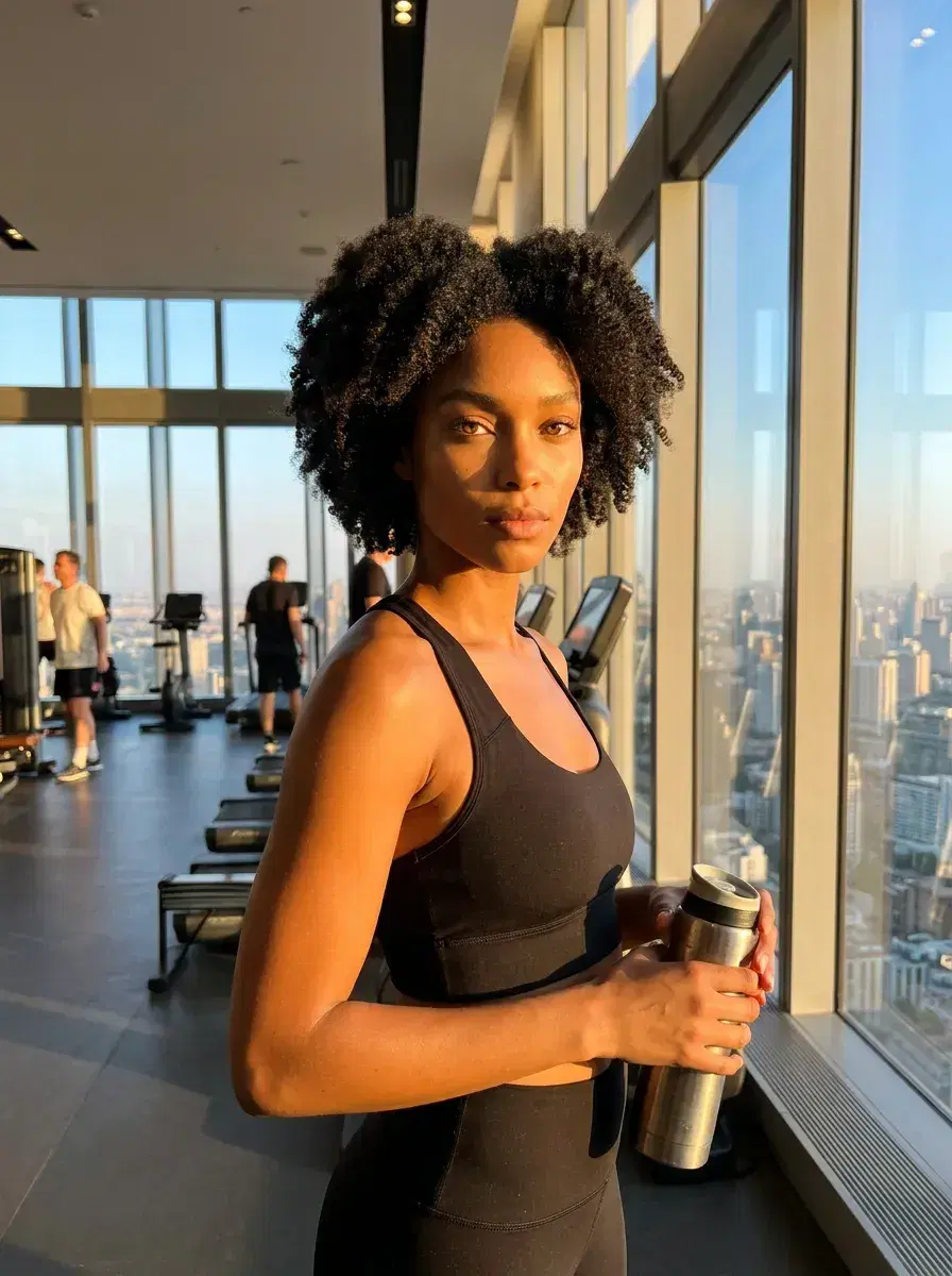 AI AI Gym Selfie Photos — Sweat Less, Look More — AI gym selfie of a person in a high-rise luxury gym with floor-to-ceiling windows and golden hour city views