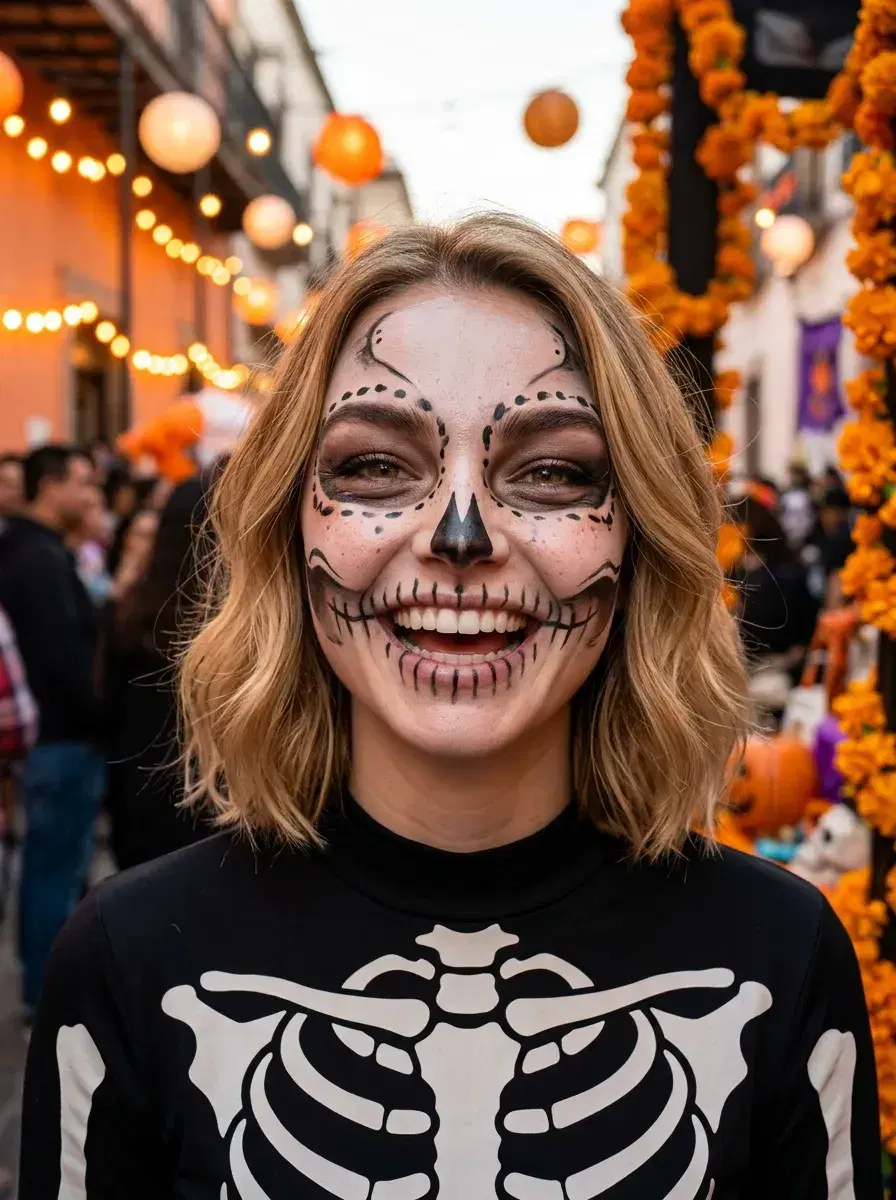 AI AI Halloween Costume Photos — Pose AI — AI Halloween costume photo of a person in a sugar skull look at a festival