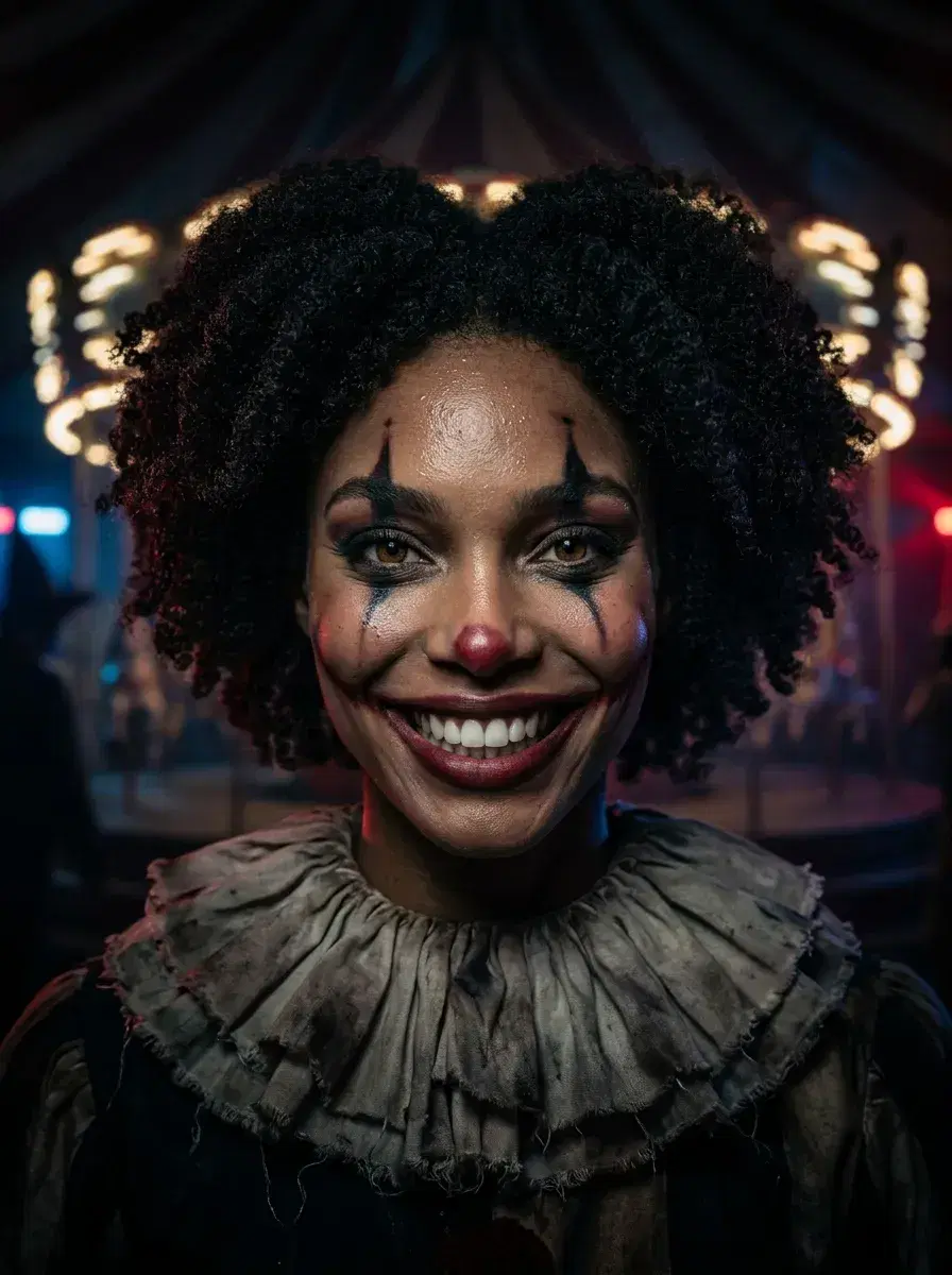 AI AI Halloween Costume Photos — Pose AI — AI Halloween costume photo of a person as a scary clown at a carnival