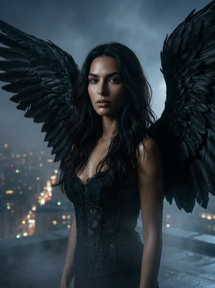 AI AI Halloween Costume Photos — Pose AI — AI Halloween photo of a person as a dark angel on a moonlit rooftop