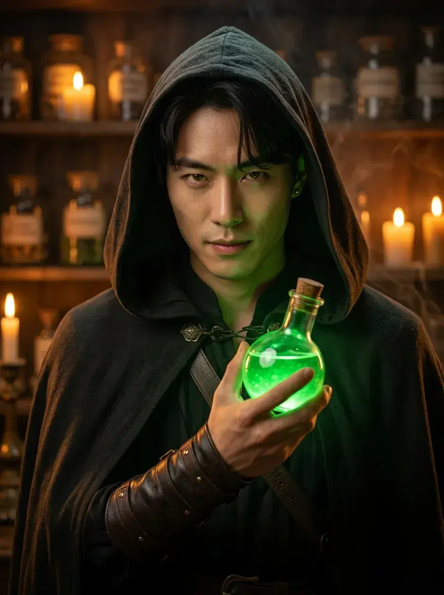 AI AI Halloween Costume Photos — Pose AI — AI Halloween photo of a person as a witch in a potion shop