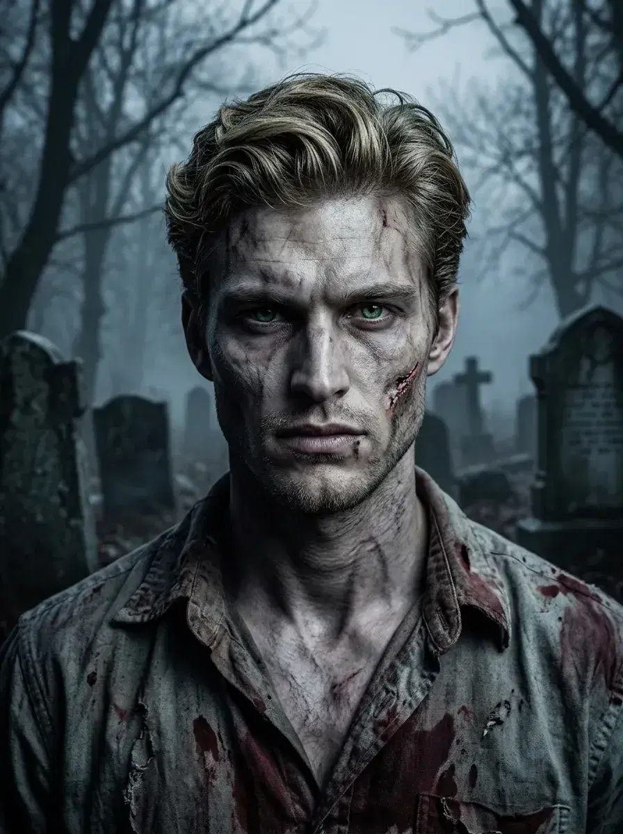 AI AI Halloween Costume Photos — Pose AI — AI Halloween costume photo of a person as a zombie in a graveyard