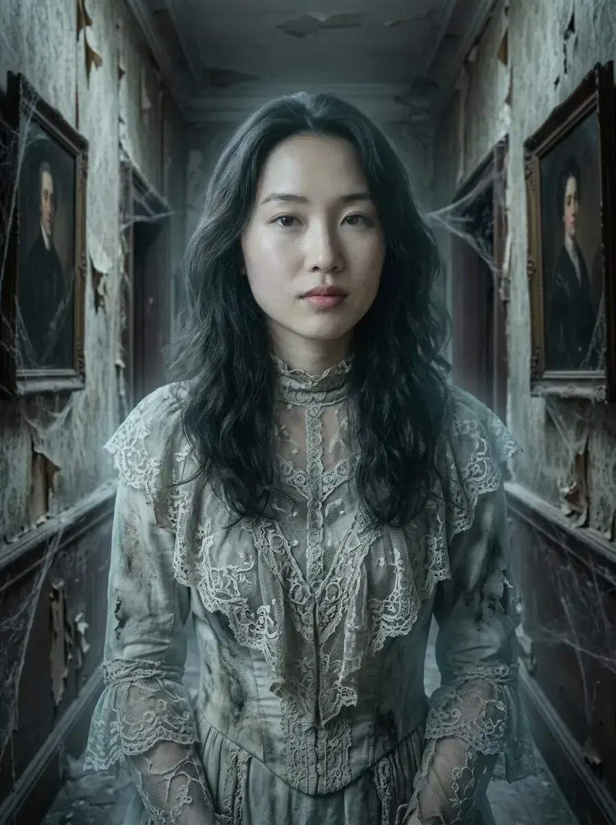 AI AI Halloween Costume Photos — Pose AI — AI Halloween costume photo of a person in a Victorian ghost costume in a haunted mansion