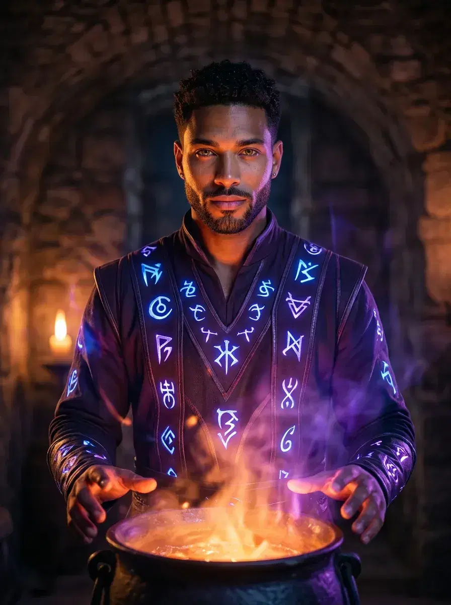 AI AI Halloween Costume Photos — Pose AI — AI Halloween costume photo of a person as a dark warlock with a cauldron