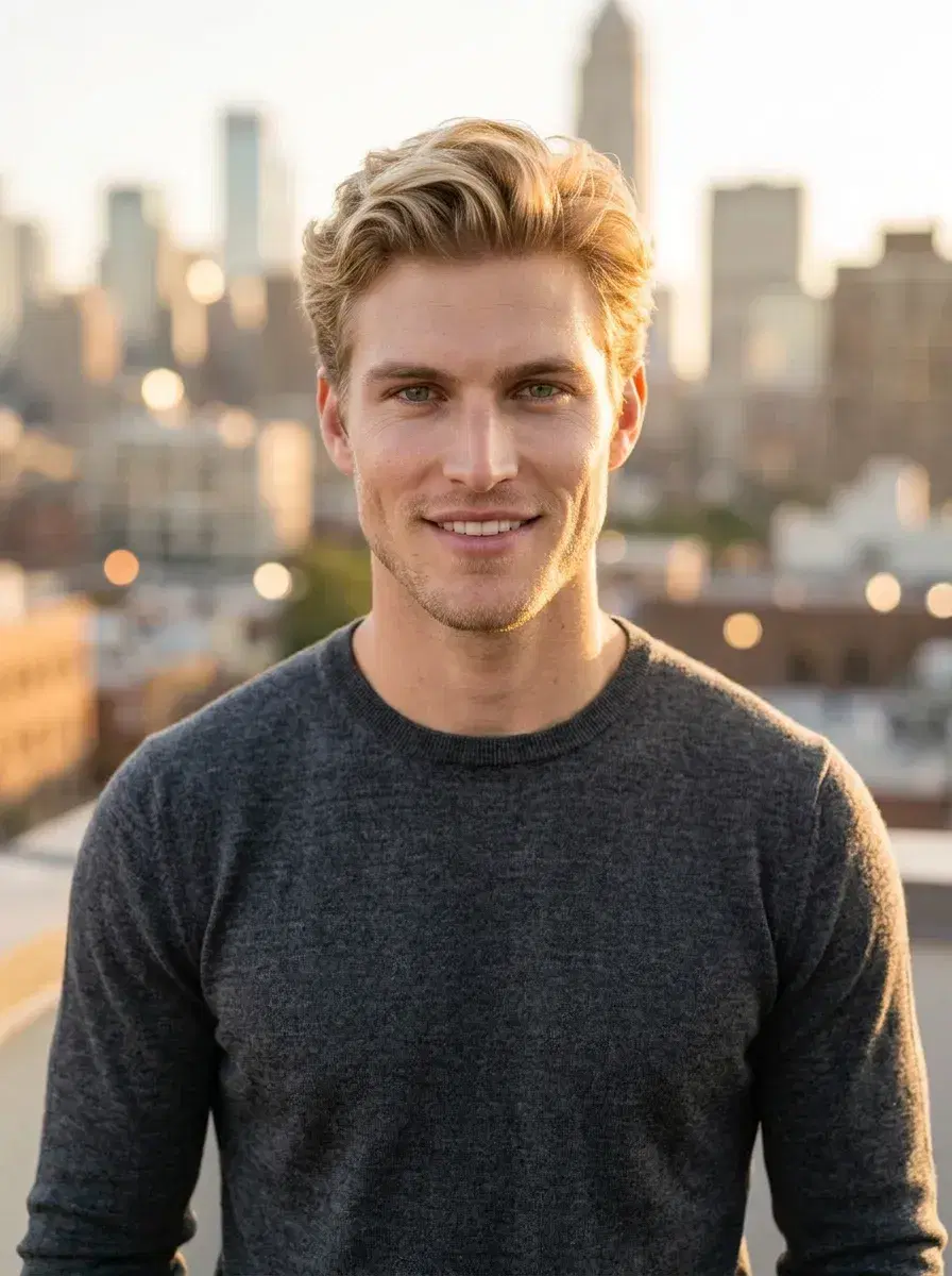 AI AI Hinge Photos — Match-Ready Portraits — Waist-up AI Hinge photo on a rooftop terrace at golden hour