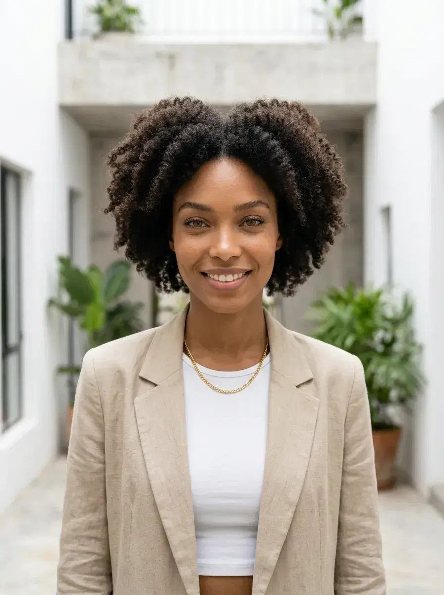 AI AI Hinge Photos — Match-Ready Portraits — Chest-up AI Hinge photo in a bright minimalist courtyard