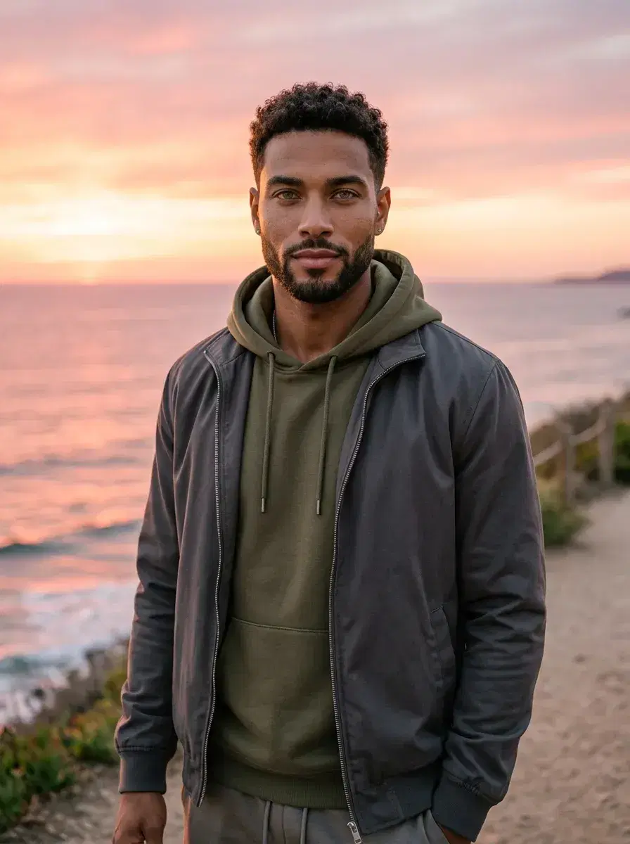 AI AI Hinge Photos — Match-Ready Portraits — Three-quarter AI Hinge photo on a coastal path at sunset