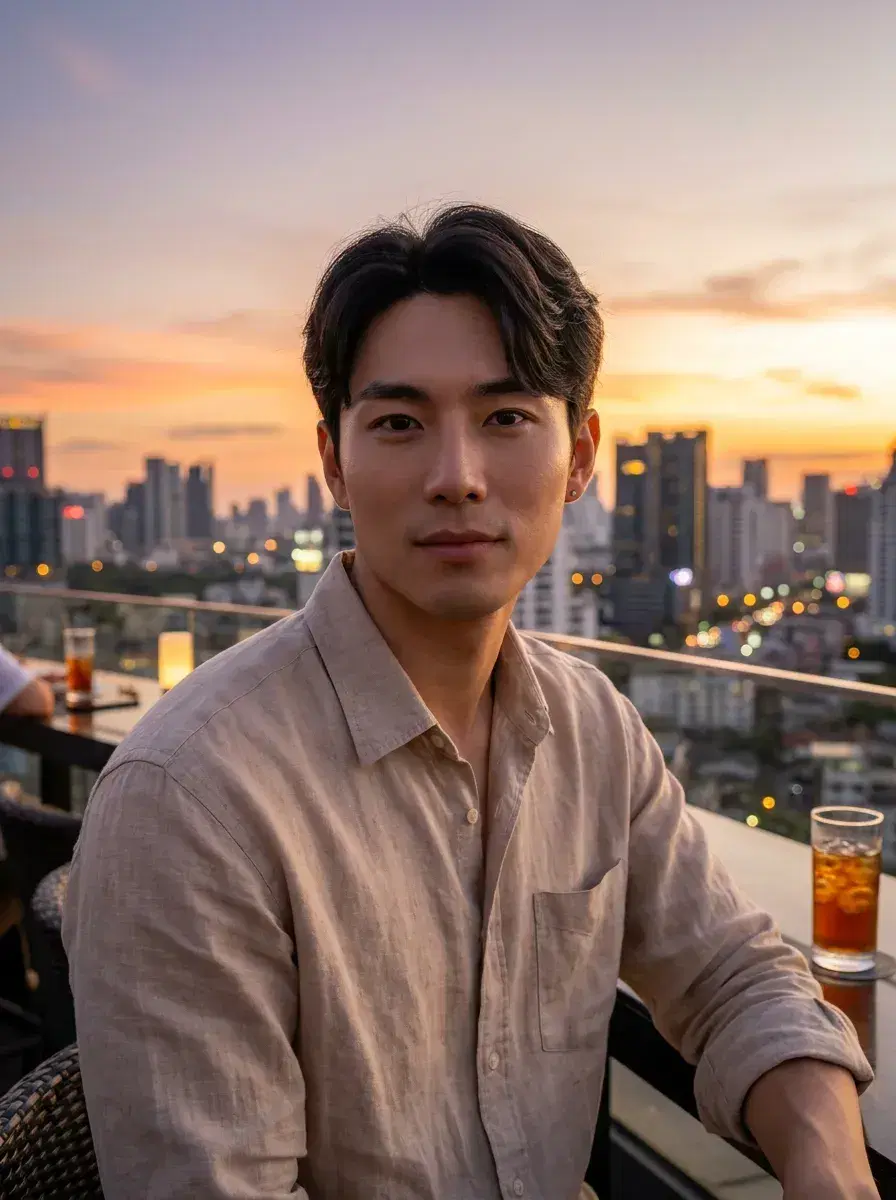 AI AI Hinge Photos — Match-Ready Portraits — Person at a rooftop bar with city skyline — lifestyle AI Hinge photo