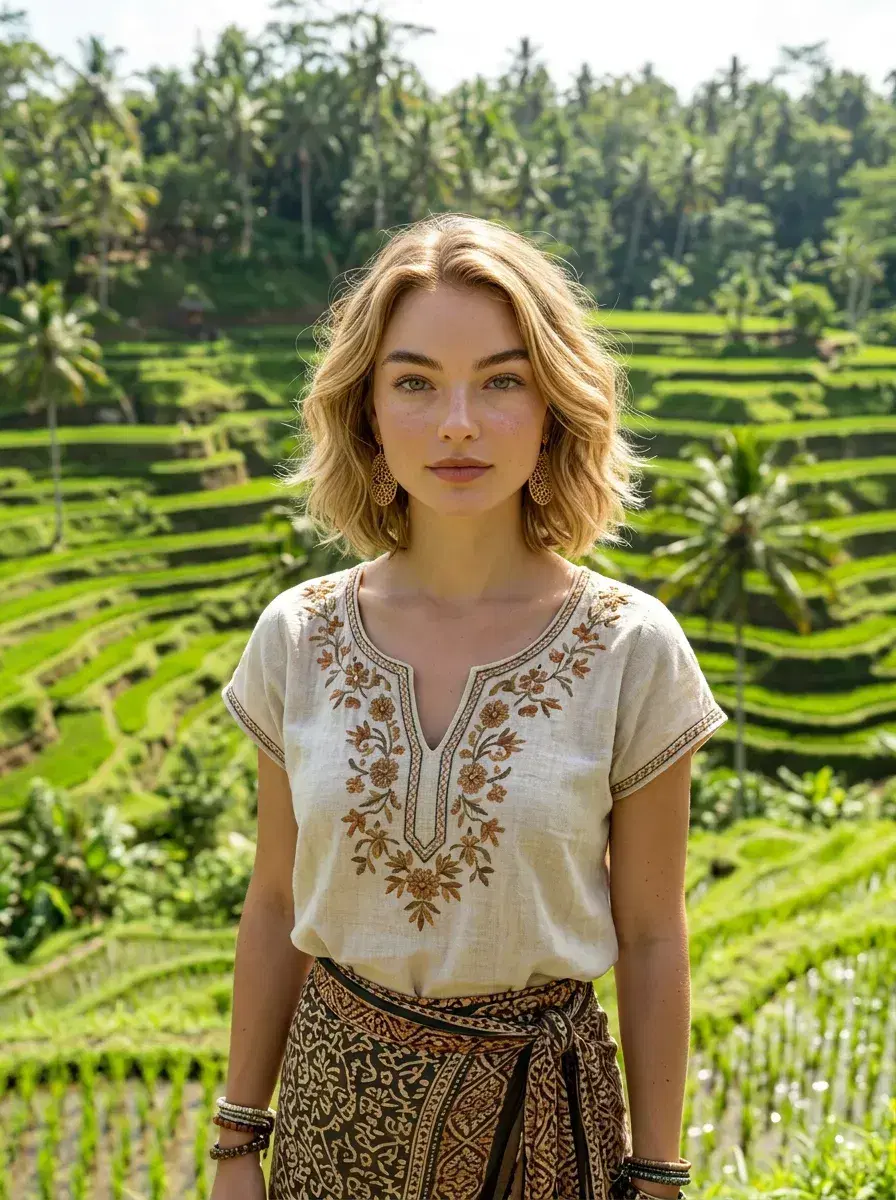 AI AI Influencer Story Photos — Scroll-Stop Content — AI influencer story photo in front of Bali rice terraces in boho travel outfit