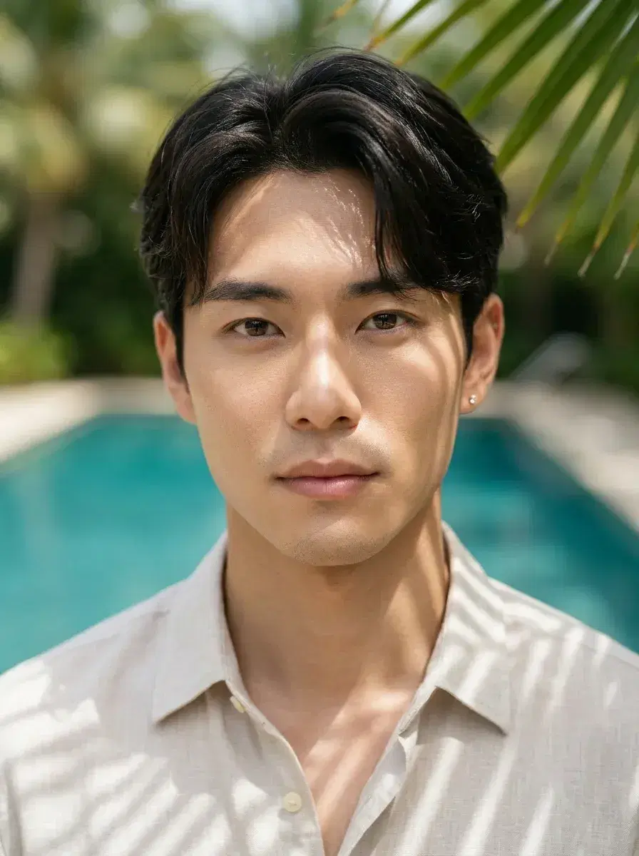 AI AI Influencer Story Photos — Scroll-Stop Content — Close-up AI influencer story portrait with tropical resort pool backdrop