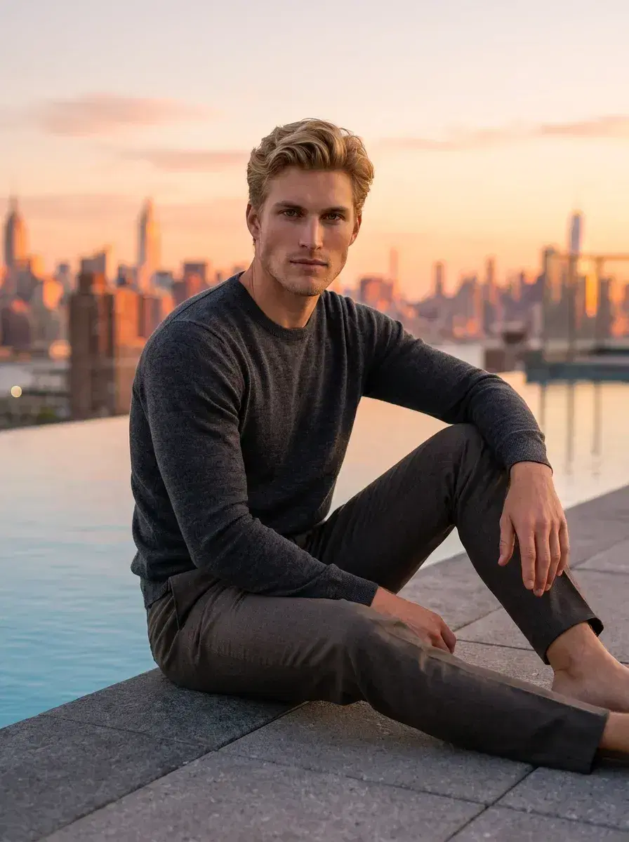 AI AI Influencer Story Photos — Scroll-Stop Content — AI influencer story photo at a rooftop infinity pool with sunset city skyline