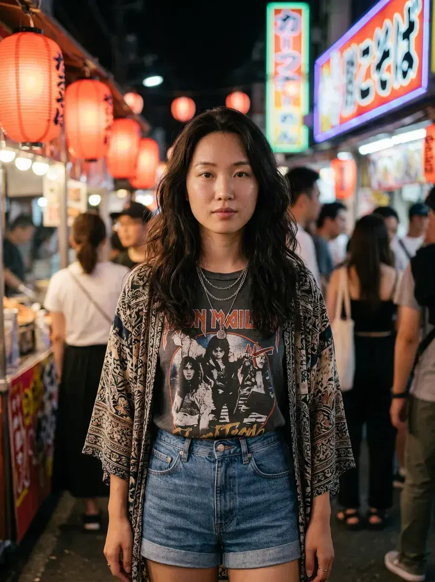 AI AI Influencer Story Photos — Scroll-Stop Content — AI influencer story photo at a glowing night market in festival-style outfit