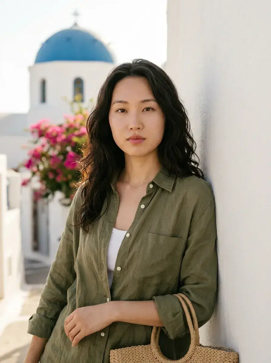 AI AI Instagram Photos — Feed-Ready Looks — Person in linen outfit against white Santorini wall for AI Instagram photo