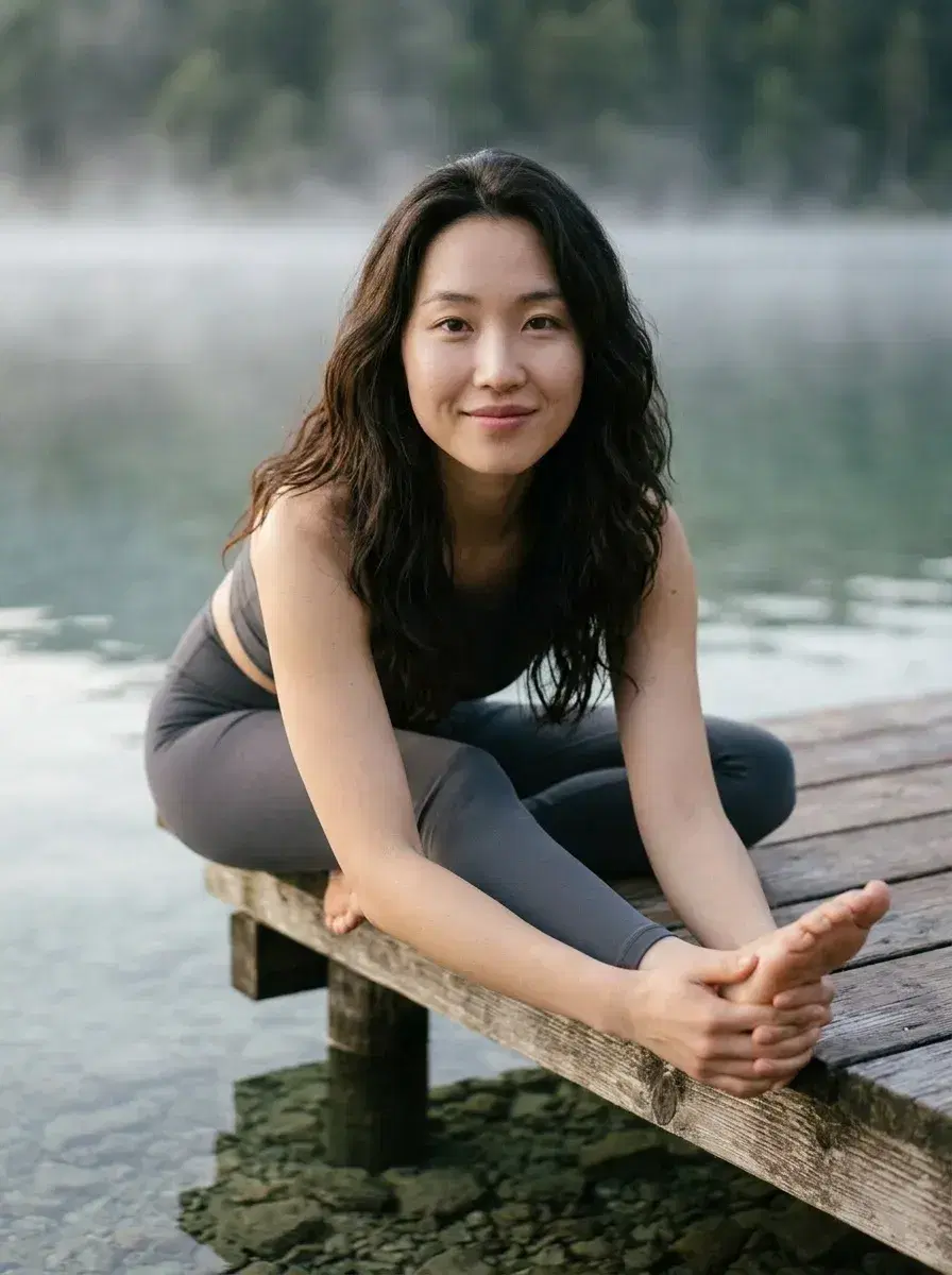 AI AI International Yoga Day Photos — Zen Vibes — Person in forward fold on a misty lake pier for International Yoga Day photos