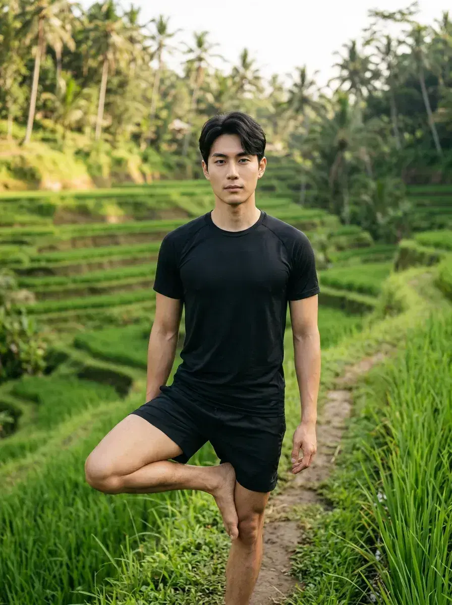 AI AI International Yoga Day Photos — Zen Vibes — Person balancing in yoga pose among Bali rice terraces for yoga day